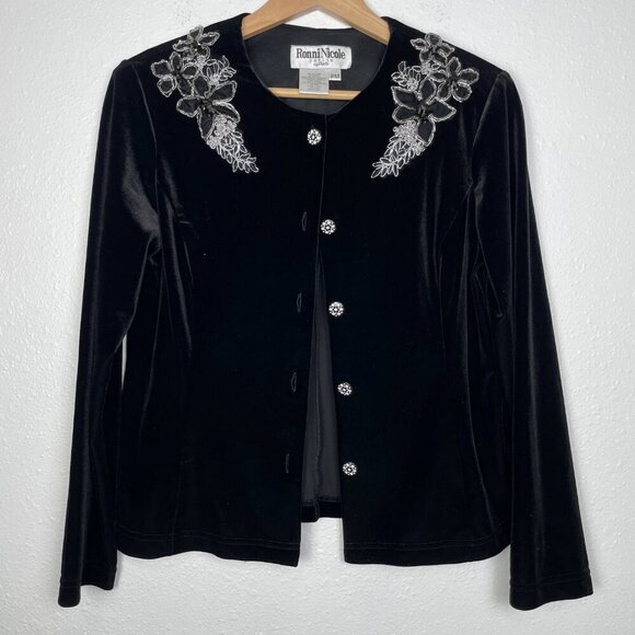 VTG  Ronni Nicole Petite Medium Black Velvet Holiday Cardigan w/ Lace & Beading - Picture 3 of 8